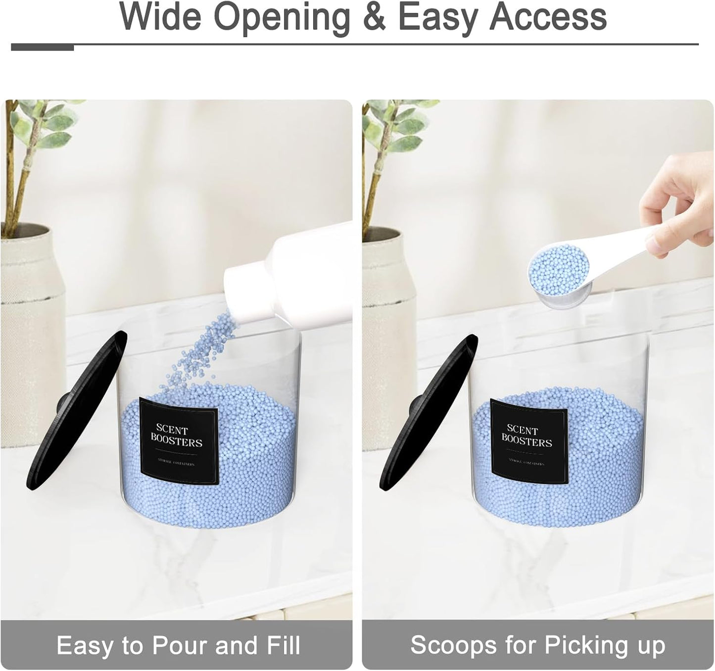 3+1 Pack Laundry Pods Containers & Dryer Sheet Holder & Laundry Detergent Dispenser, Laundry Room Organization and Storage Jars with Lids, Labels and Scoops for Scent Booster Powder Pods, Black Lid