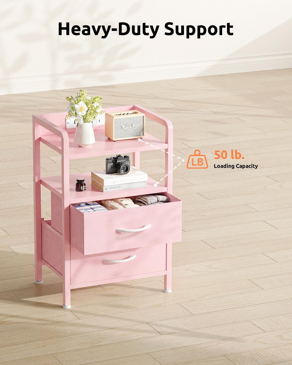 Lazzanto Night Stand Bedside Charger Bedroom - Nightstand with Charging Station & LED Light Strip, Night Stand with Storage Shelf & 2 Fabric Drawers, Morden End Table with USB Ports&AC Outlets,Pink