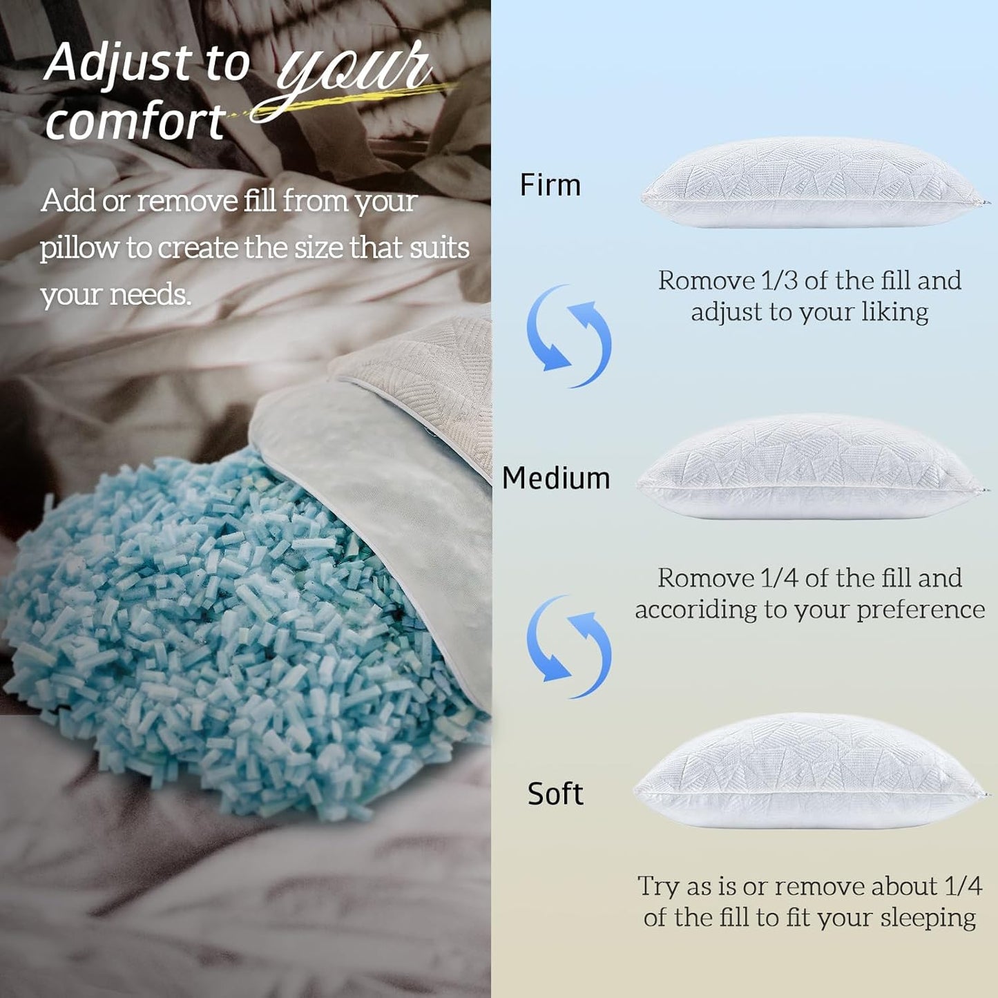 BETU Cooling Pillow Queen Size, Shredded Memory Foam Pillow for Hot Sleepers, Adjustable Firm Soft Support Pillows, Cool Bed Pillows for Side Back Stomach Sleeping Sleepers, gifts for boyfriend, White