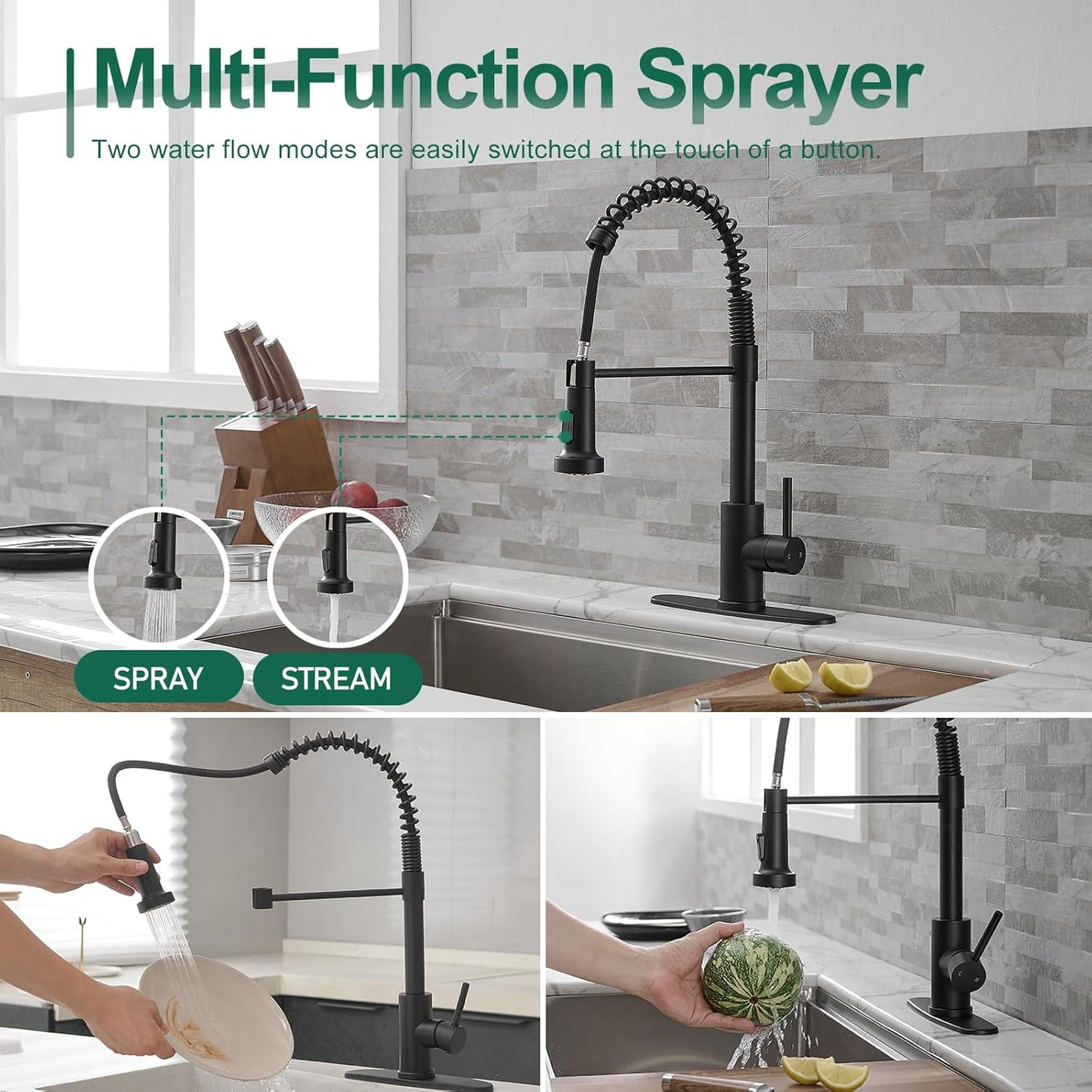 VOTON Black Kitchen Faucet with Pull Down Sprayer Pull Out Kitchen Sink Faucet Stainless Steel Commercial Spring Farmhouse faucets for Kichen Sink Camper Laundry Utility Rv Bar Sink Faucet