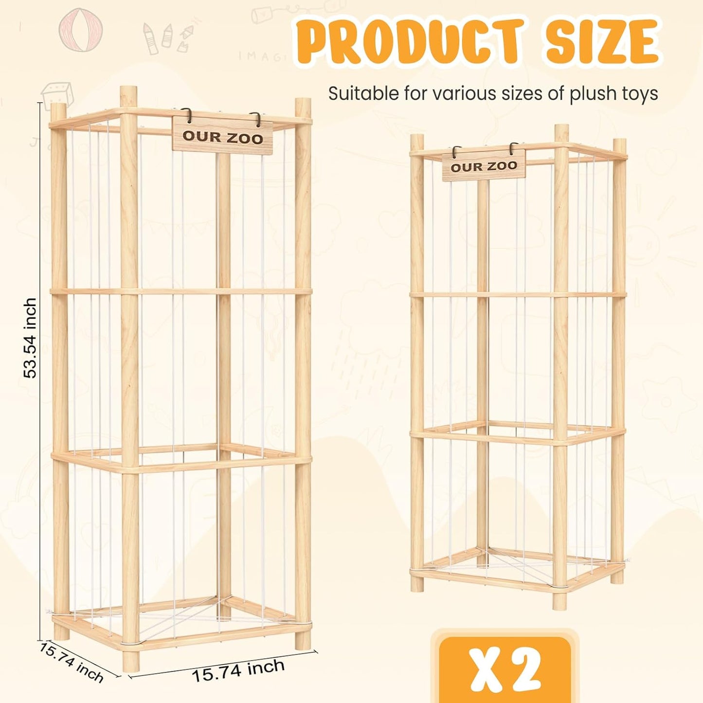Woodure Stuffed Animal Storage & Organizer, Wooden Cute Zoo Toy Holder for Toddler Rooms, Playrooms & Bedrooms(2pcs)