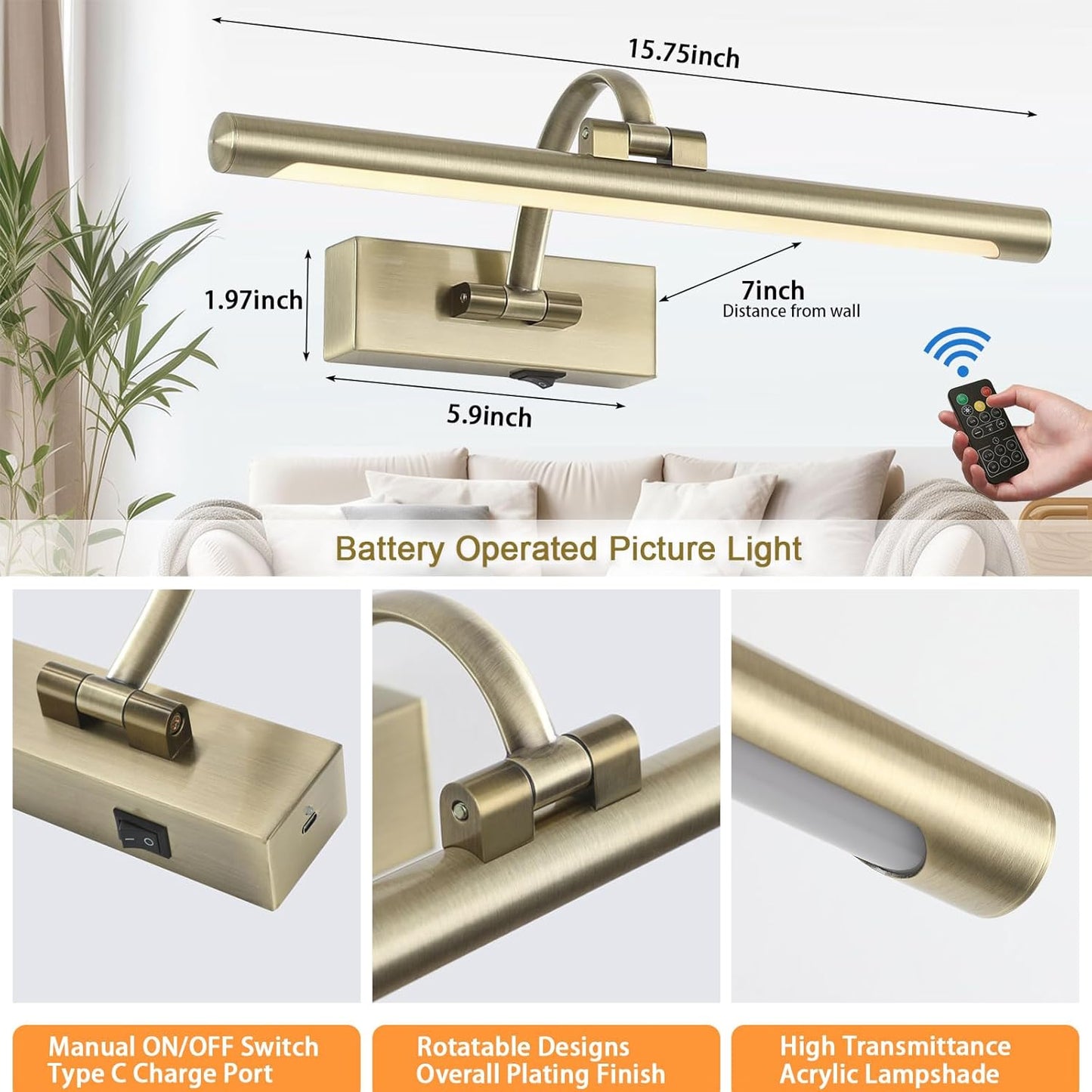 Tassuowell LED Picture Lights for Wall Rechargeable, Battery Operated Art Light for Paintings Wireless,15.7inch Antique Bronze Gallery Light for Artwork