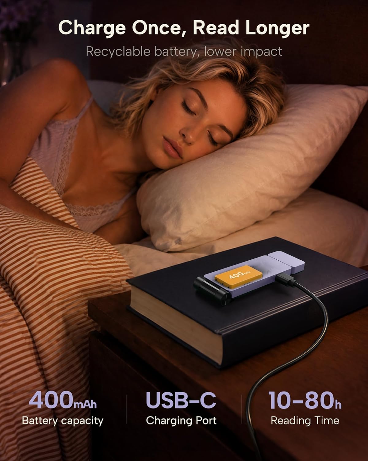 86lux Book Light, Rechargeable Clip-On LED Reading Light for Bed & Night Use - 3 Color Temperatures with Stepless Dimming, Ultralight Bookmark Design for Kids, Book Lovers, Purple