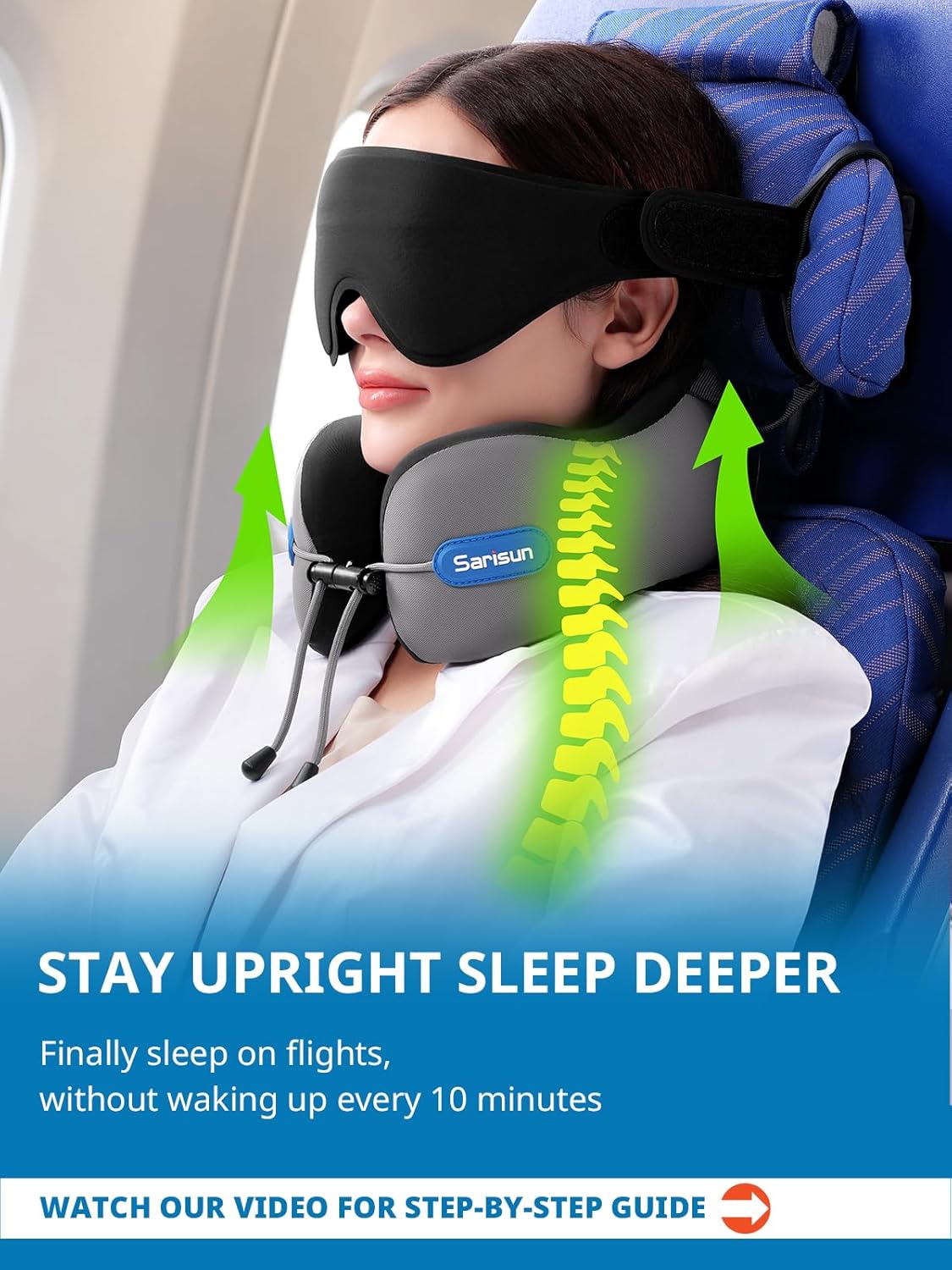 SARISUN Neck Pillow Airplane,Travel Pillow with Strap, Combo with 3D Eye Mask for Sleep, Dual-Density Supportive Foam Airplane Pillow for Long Flights, Car Road Trip Travel Essentials Grey