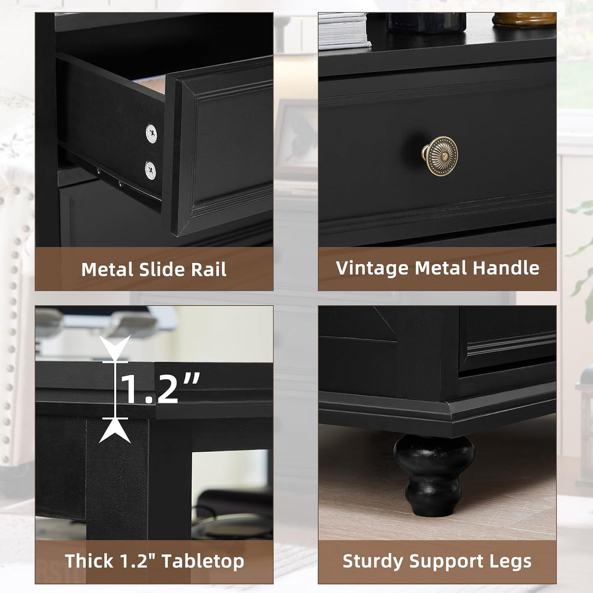 Joaxswe 24" Wide Farmhouse Night Stand Set of 2,Large End Table with 2 Drawers & Metal Handle,Black Wood Dresser for Bedroom, Bed Side Table Chest of Drawers Cabinet, Nightstand for Living Room,Closet