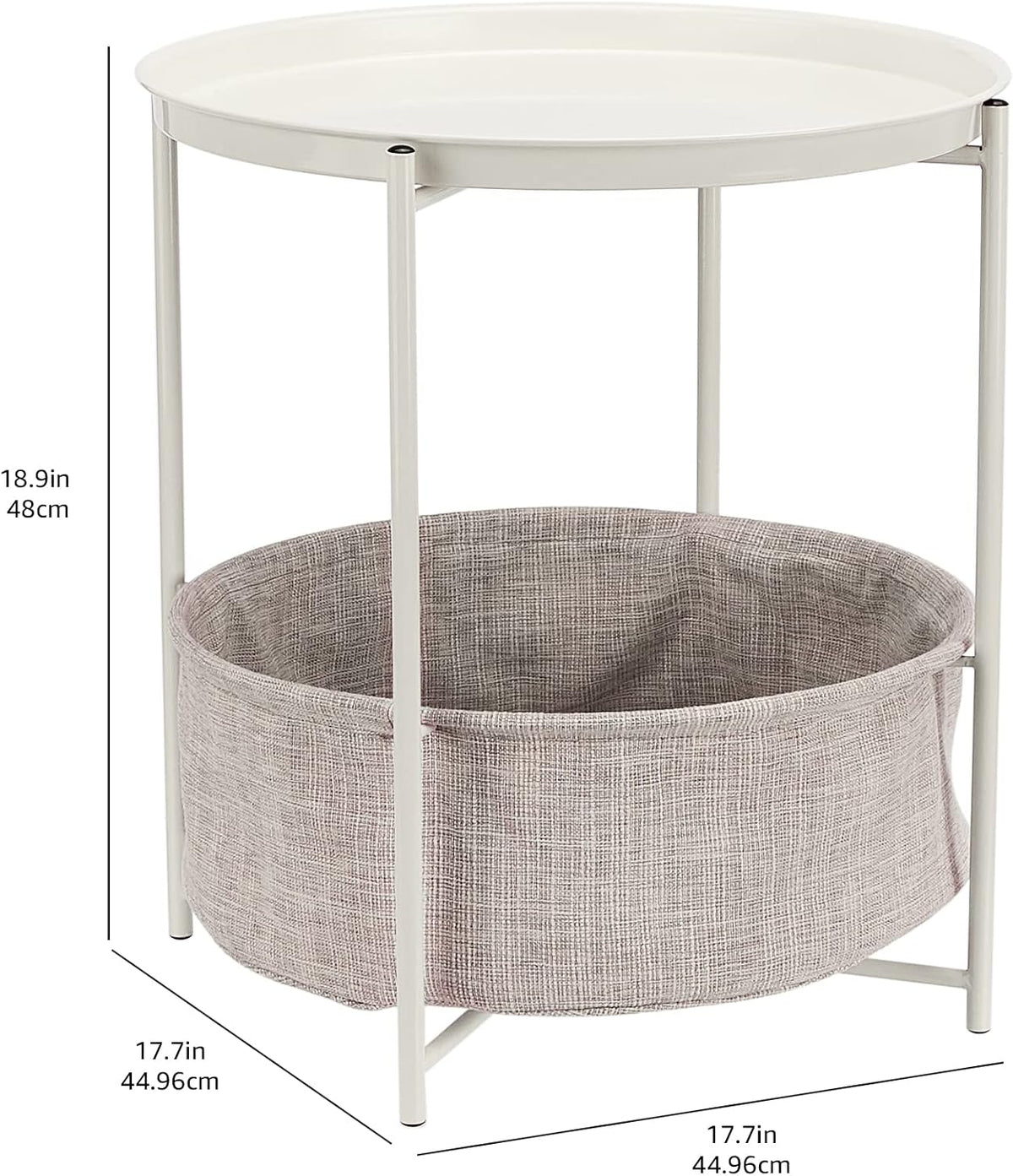 Amazon Basics Round Storage End Table, Nightstand with Cloth Basket, Bedside Table, White/Heather Gray, 17.7" L x 17.7" W x 18.9" H