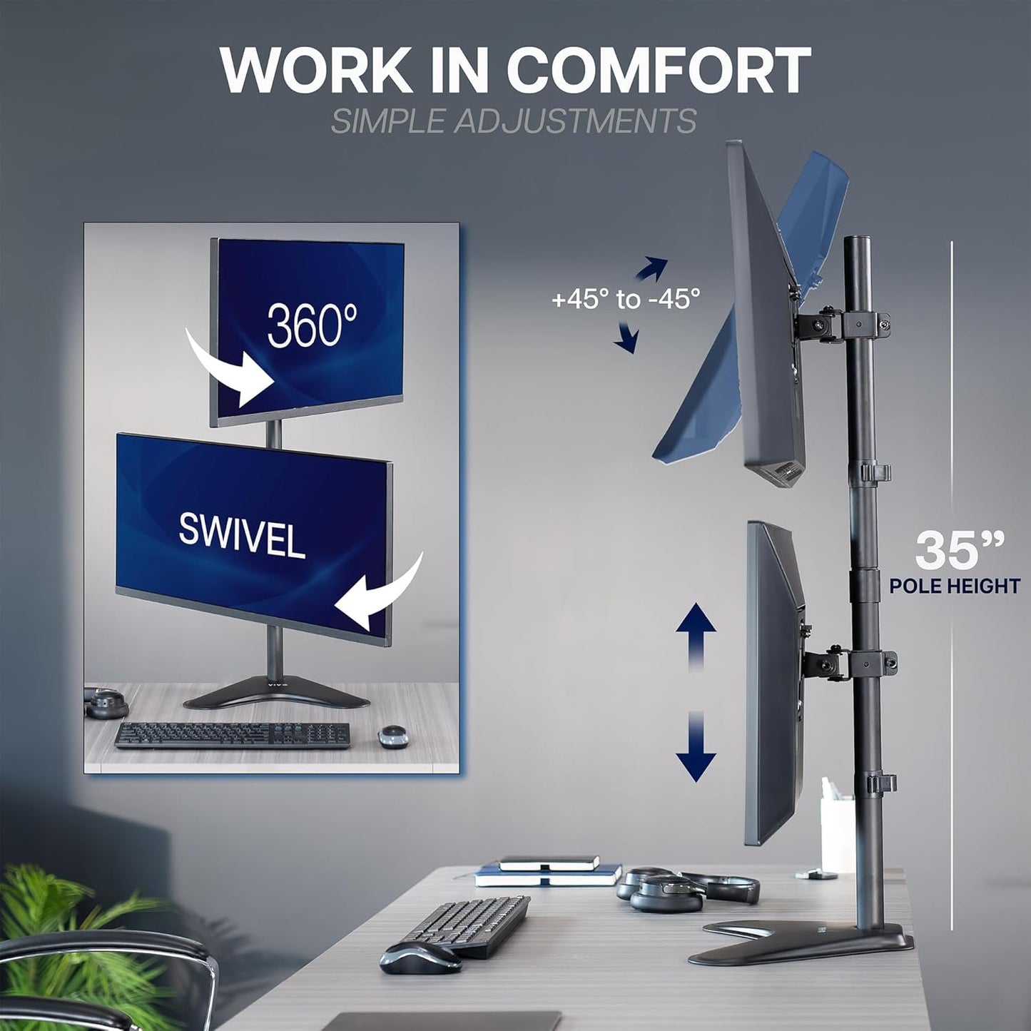 VIVO Dual Monitor Desk Stand Free-Standing LCD Mount, Holds in Stacked Vertical Position 2 Ultrawide Screens up to 34 inches, Black, STAND-V002L