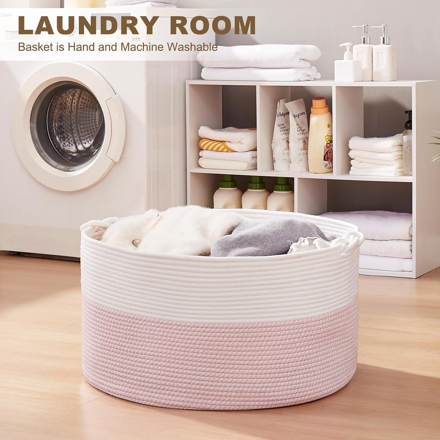 OIASKET Large Blanket Storage Basket for Living Room, 22.8" x 22.8" x 13" Woven Cotton Rope Basket with Handles, Baby Toy Storage, Laundry Hamper for Clothes, Pillows, Towels-Pink and White