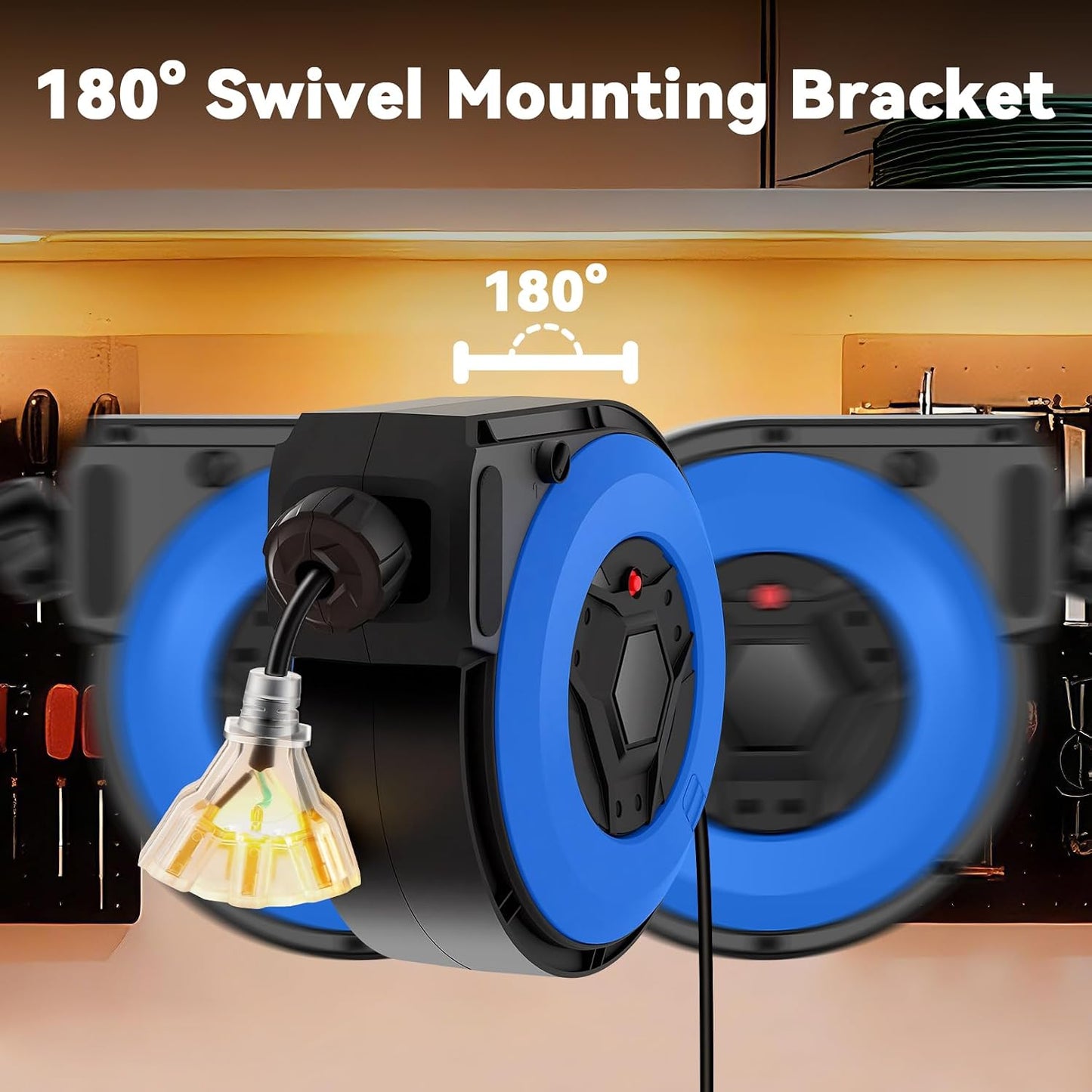 Retractable Extension Cord Reel, 50FT Heavy Duty Power Cord for Garage Workshop, 14AWG/3C SJTOW Cord Reel, UL Listed, Security Lock, 13A Circuit Breaker, 3-Lighted Triple Outlets, 180°Swivel Bracket