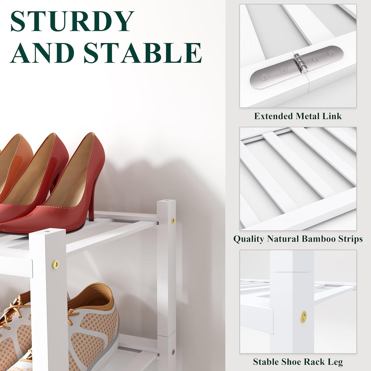 Smiry Bamboo Shoe Rack for Closet, 2 Tier - 26.77" Wide, White