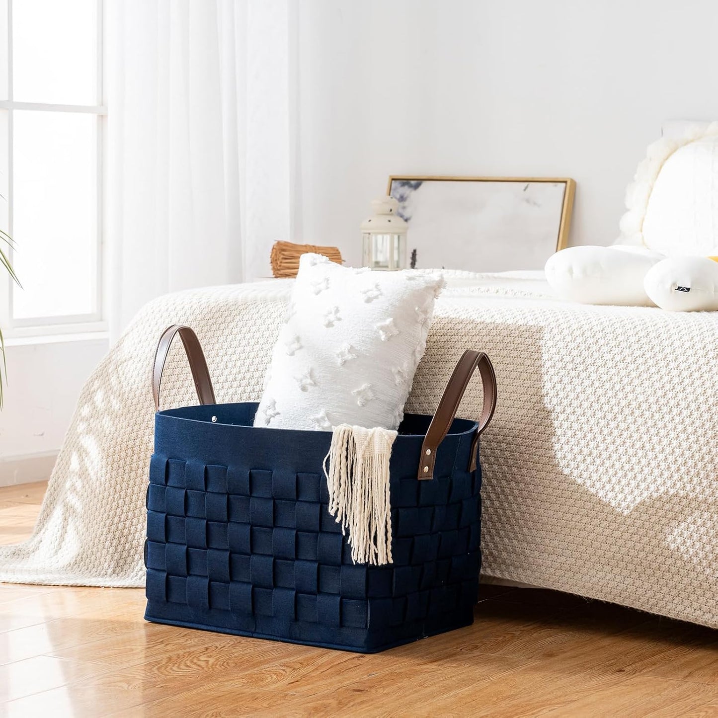 boldmonkey Blankets Basket 16.5 " x13 x13 , Extra Large Rectangular Laundry Hamper with Leather Handle, Soft Dog Toy Basket for Storage-Navy Blue
