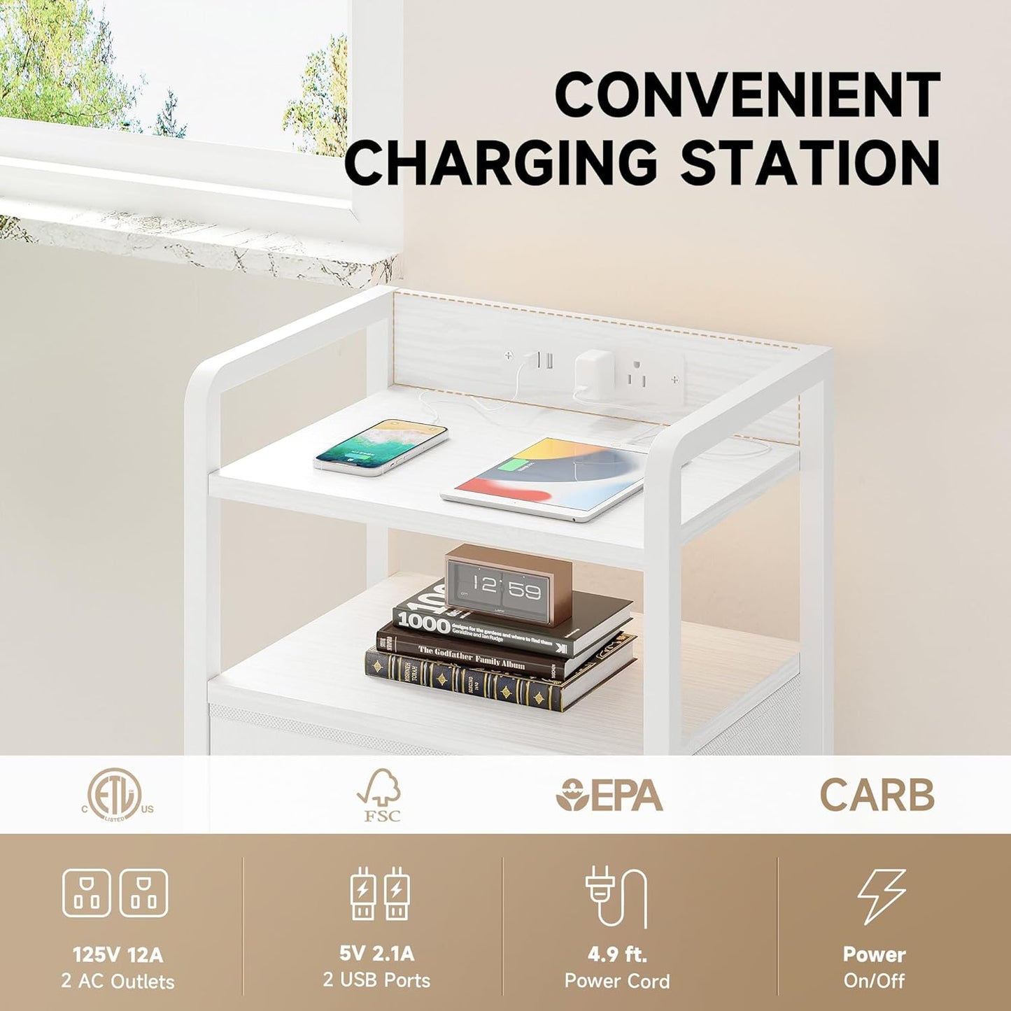Lazzanto Night Stand Bedside Table Bedroom - White Nightstand with Charging Station & LED Light Strip, Morden Bed Side End Table with Storage Shelf & 2 Fabric Drawers, U-S-B Ports & AC Outlets