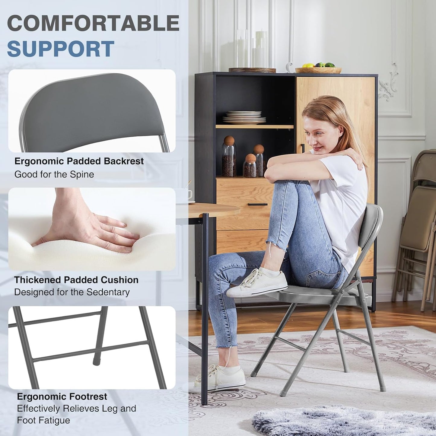 DUMOS 2 Pack Folding Chairs with Padded Cushion and Back - PU Leather Stackable Portable Dining Chairs Set, for Home and Office, Conference, Wedding, Party, Patio, Garden, for Indoor Outdoor, Grey