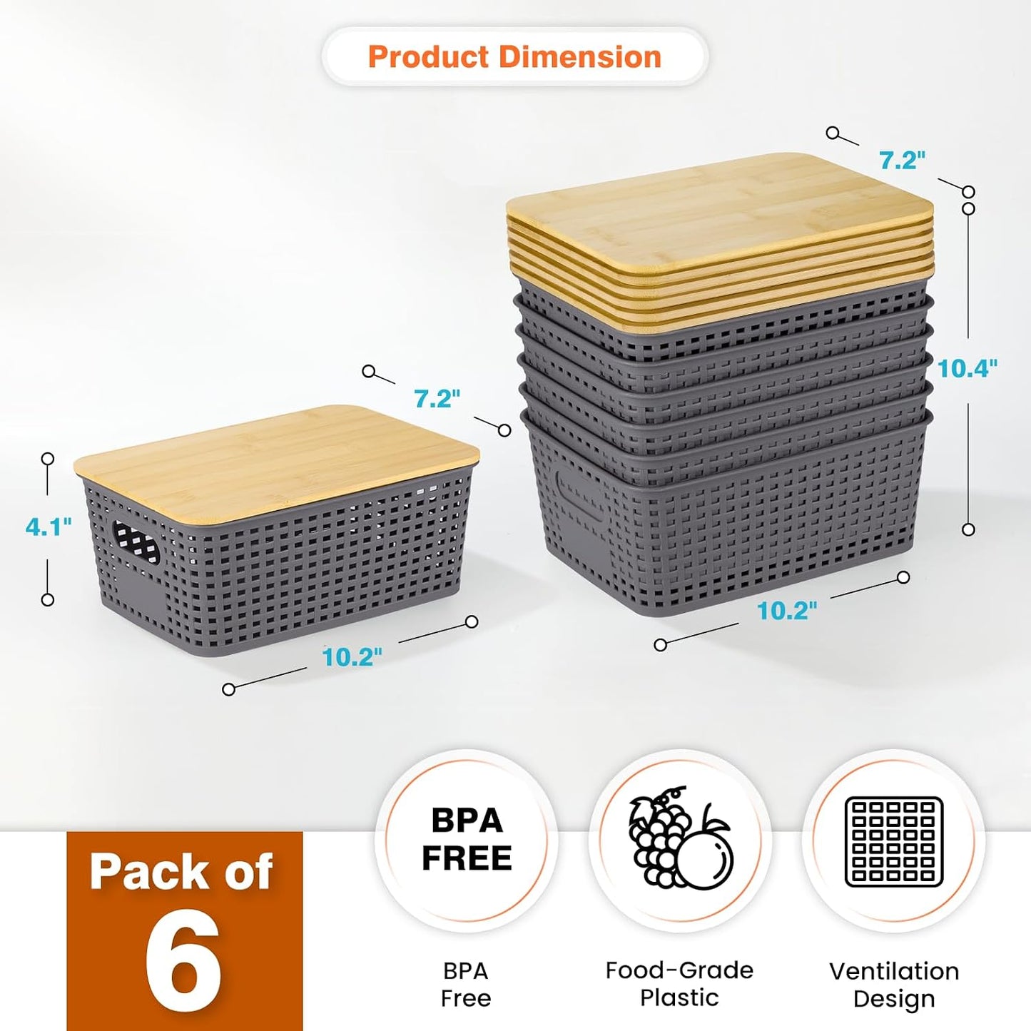 Ohmlove 6 Pack Plastic Storage Baskets with Bamboo Lids for Organization