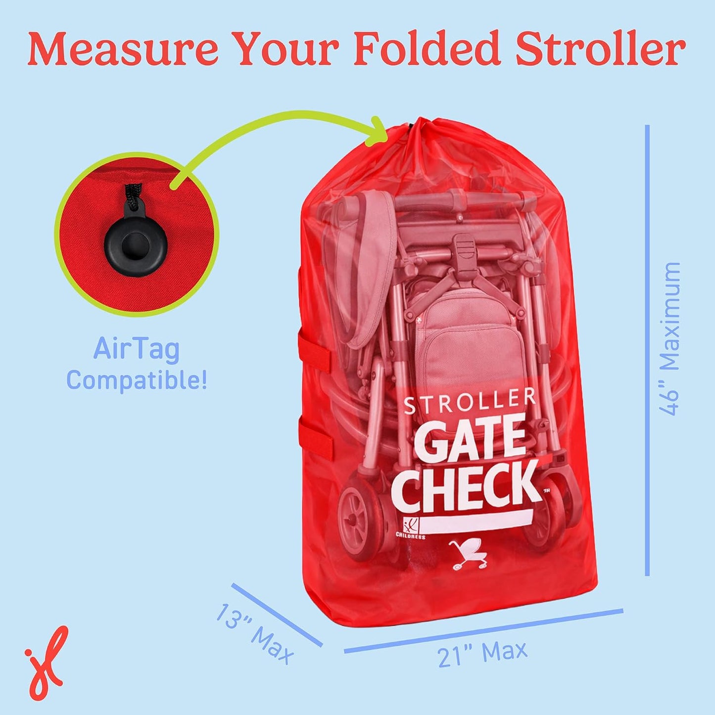 J.L. Childress Gate Check Bag for Single & Some Double Strollers - Travel Bag for Airplane, Fits Most Standard Baby Strollers, Airport Accessories for Gate Check, Flying Essentials - Red