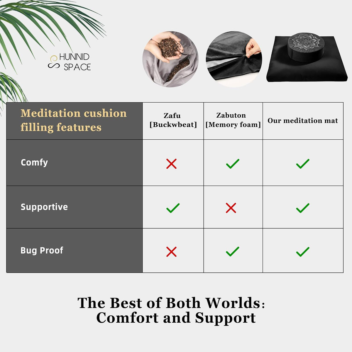 Meditation Cushion Set Zafu & Zabuton – Buckwheat Hull & Memory Foam, Adjustable Floor Pillow for Yoga, Meditation & Sitting, Removable Velvet Cover (Classic Black)