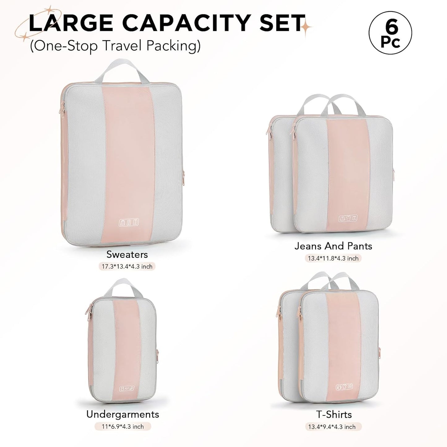 6 Set Compression Packing Cubes for Travel Essentials,Compressible Expandable Packing Cubes for Suitcase,OlarHike Luggage Garment Bags for Travel,Handy Helper for Organizing Clothes(Beige)