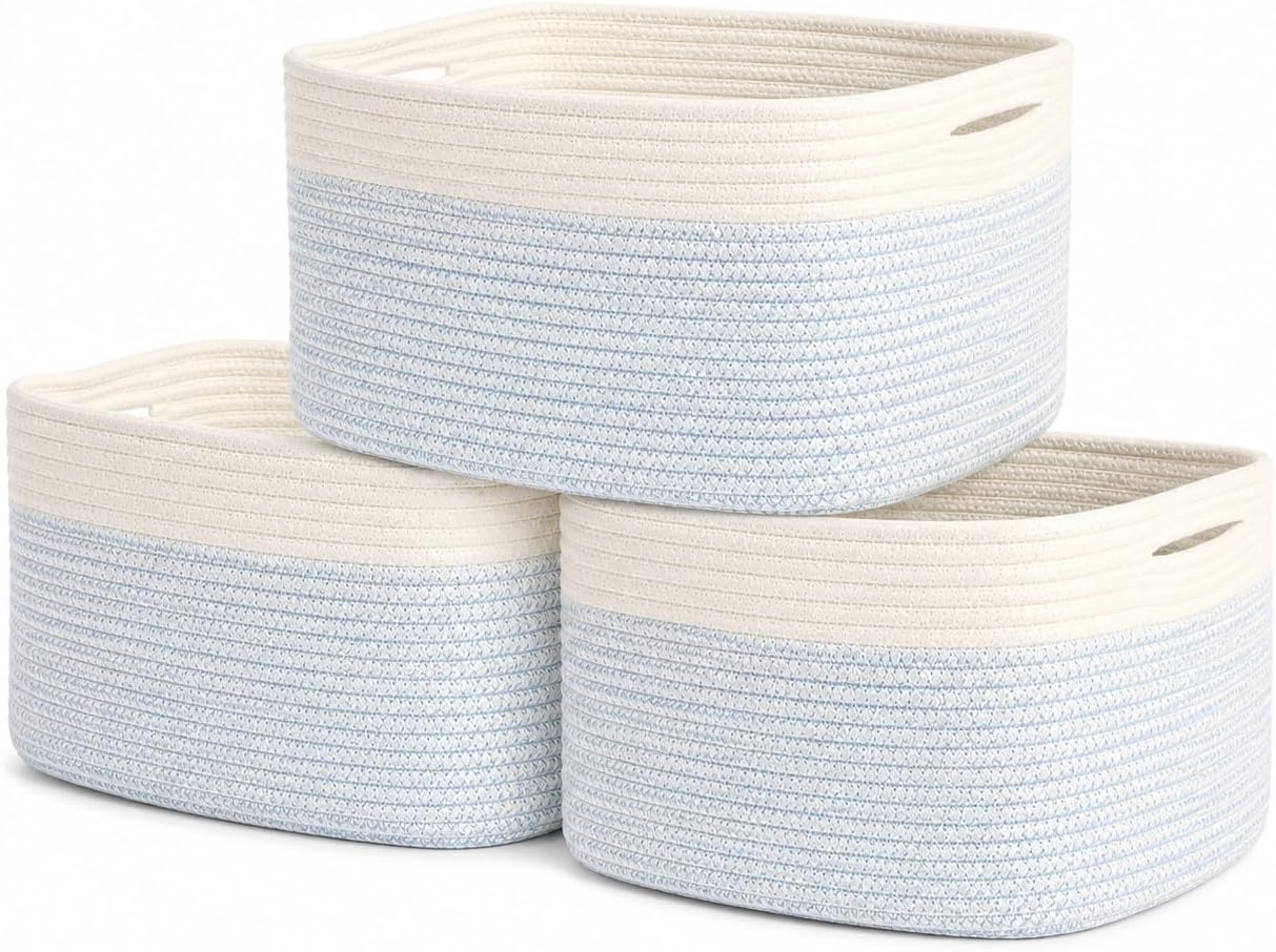 OrganiHaus Cotton Rope Baskets for Shelves, Set of 3, 15x9x10 | Handwoven; a toy bin and organizer for towels, books, or blankets; fits nursery, playroom, or bedroom decor