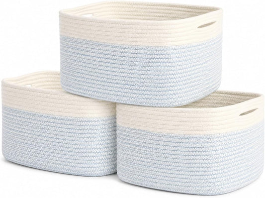 OrganiHaus Cotton Rope Baskets for Shelves, Set of 3, 15x9x10 | Handwoven; a toy bin and organizer for towels, books, or blankets; fits nursery, playroom, or bedroom decor