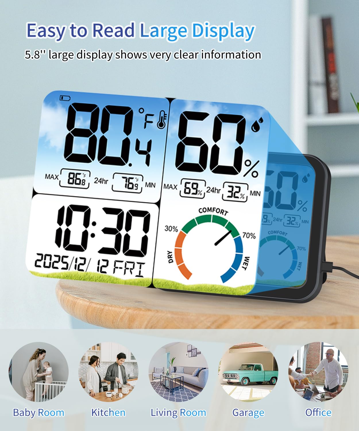 VOCOO Digital Indoor Room Thermometer - 5.8'' Extra Large Display Temperature Humidity Sensor with Accurate Temp Humidity Gauge Monitor, Calibration, Max & Min Records, Comfort, Backlit, Date & Clock