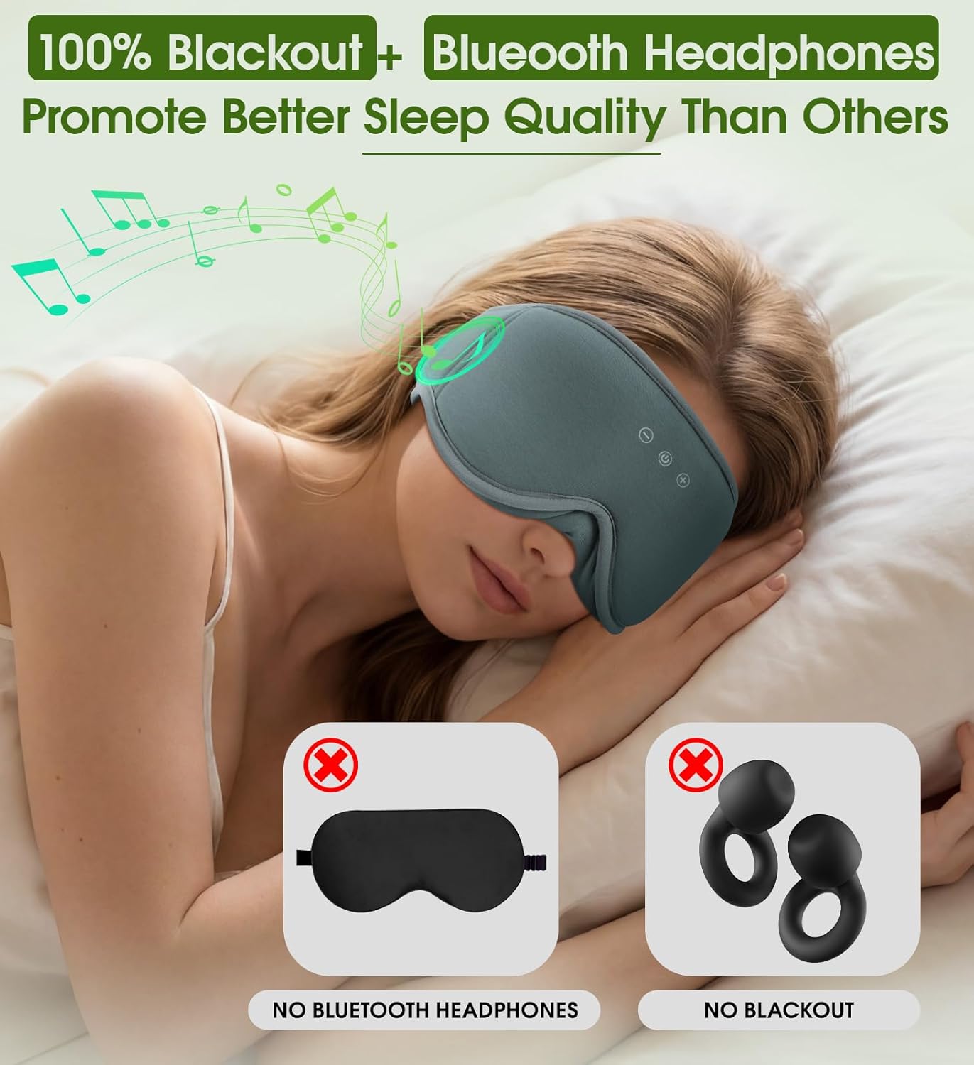 Bamboo Cotton Large Sleep Mask with Bluetooth Wireless Headphones - Blackout Eye Mask for Sleeping 3D Contoured Sleep Eye Cover Headband Ear Plugs Low Noise Hook for Men Women Better Experience (Grey)