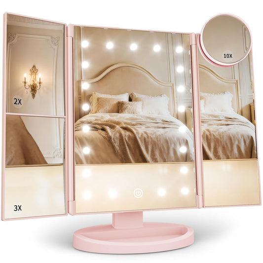 HUONUL Makeup Mirror, Vanity Mirror with Lights, 2X/3X/10X Magnification, Touch Control, Trifold, Dual Power Supply, Birthday Gifts for Women, Wife, Mom, Girls,Dorm Room Essentials