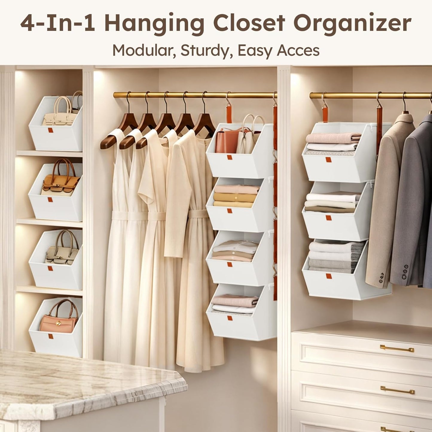 Homsorout Hanging Closet Organizer 4 Tier - Clothes Hanging Shelves, Space-Saving Closet System, Fabric Storage Bins Bedroom Organization, Collapsible Baskets for Home, Dorm, Rv, White
