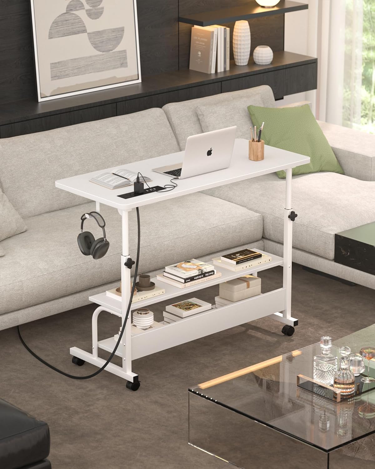 Armocity Rolling Standing Desk with Charging Station, Portable Height Adjustable Mobile Computer Desk with Wheels & 2-Tier Shelves & Hooks, Easy Assembly Laptop Table for Couch Bed, 32" White