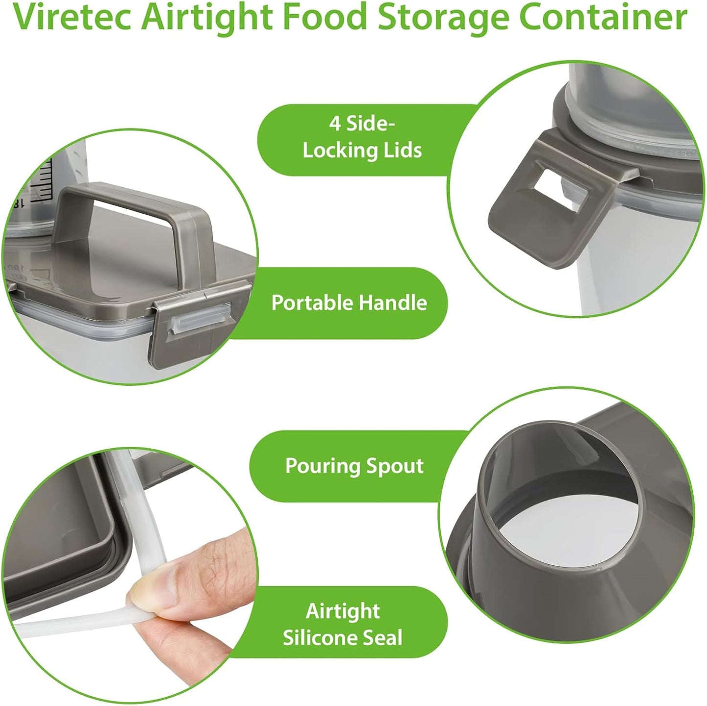 Viretec Rice Airtight Storage Container, 3 to 5Lbs Cereal Dry Food Flour Bin, Pet Dog Cat Food Dispenser with Measuring Cup, BPA Free Clear Plastic Kitchen and Pantry Organization Bin for Sugar