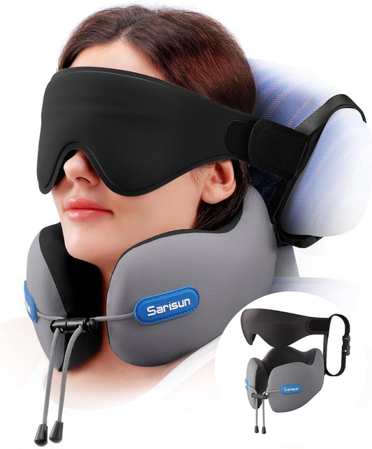 SARISUN Neck Pillow Airplane,Travel Pillow with Strap, Combo with 3D Eye Mask for Sleep, Dual-Density Supportive Foam Airplane Pillow for Long Flights, Car Road Trip Travel Essentials Grey