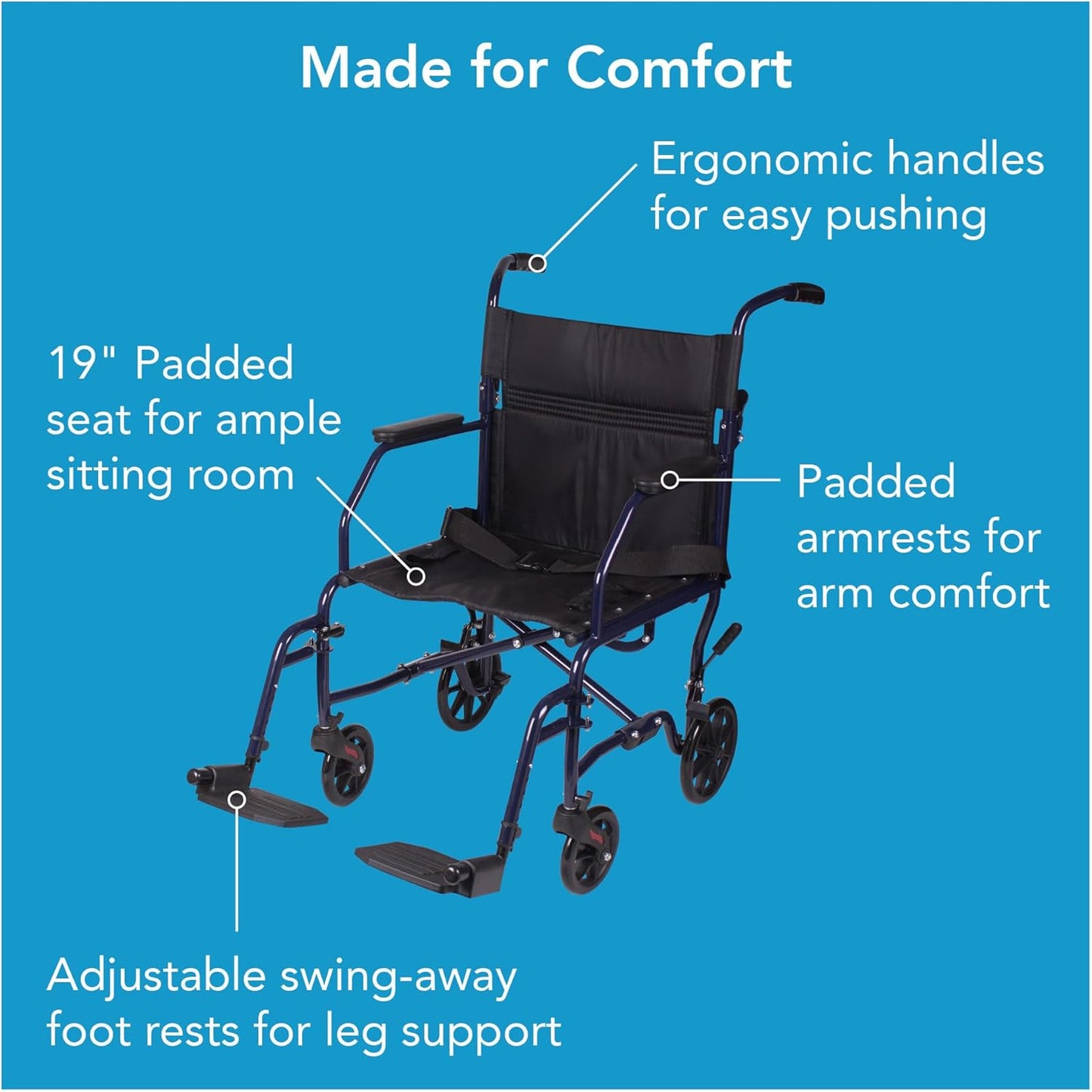 Carex Transport Wheelchair With 19 inch Seat, Folding Transport Chair with Foot Rests, Foldable Lightweight Wheelchair Foldable for Storage and Travel