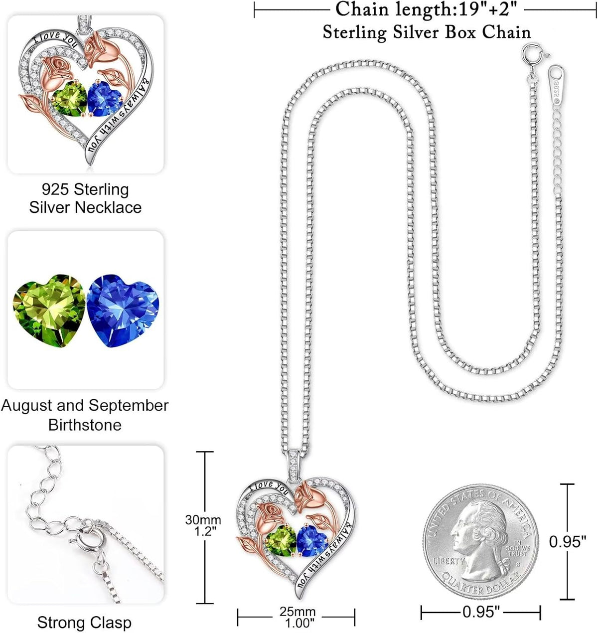 Iefil Birthstone Necklace for Women - Rose Heart Necklace