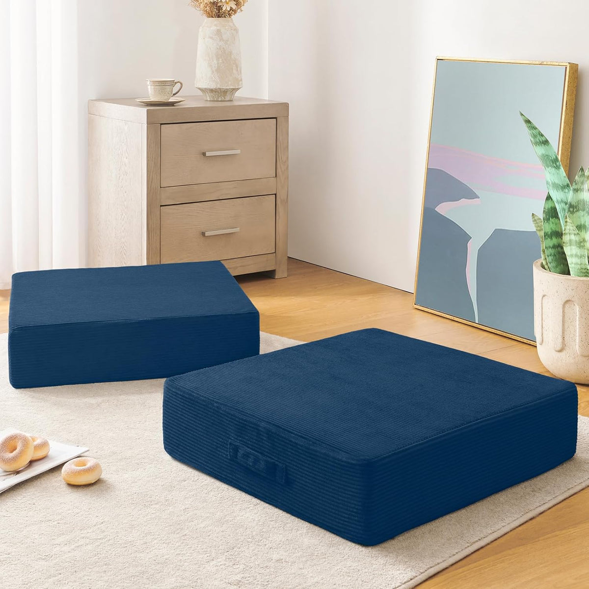 Wellsin Solid Square Floor Pillows for Adults Kids - Large Meditation Floor Pillow Seating Cushion with Thick Foam & Washable Velvet Cover, 2 Pack, 22x22x5 Inch, Black