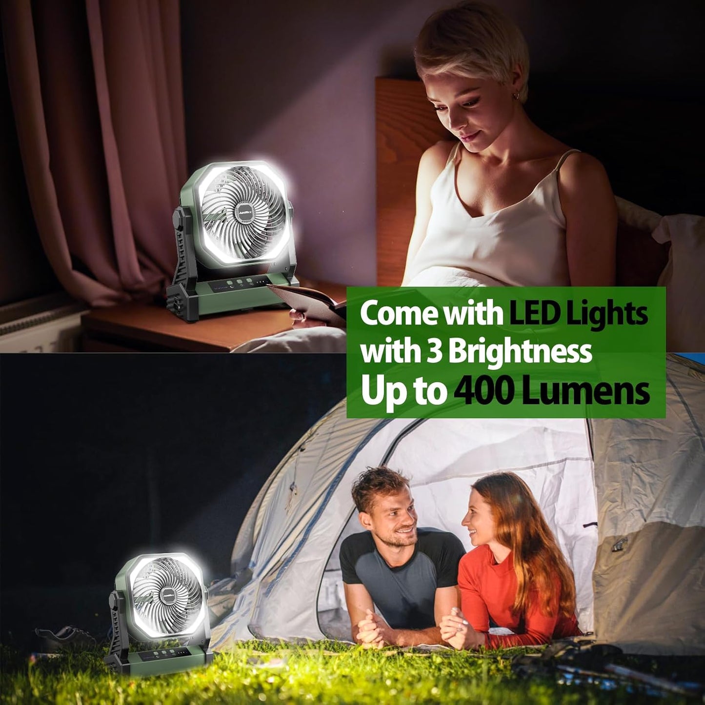 20000mAh Battery Powered Camping Fan, 58Hrs Rechargeable Portable Fan, 400LM Light, 360° Hook, Whisper Quiet Battery Operated Fan for Outdoor Car Travel Gear Essentials Power Outages Co-brand AMACOOL
