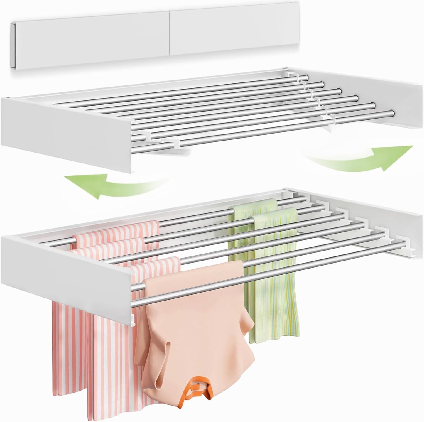 Vikaqi Wall Mounted Clothes Drying Rack 32", Foldable Wall Mount Laundry Rack Folding Indoor, Drying Rack Clothing Collapsible, Hidden Space Saver with Wall Template, 5 Rods, White