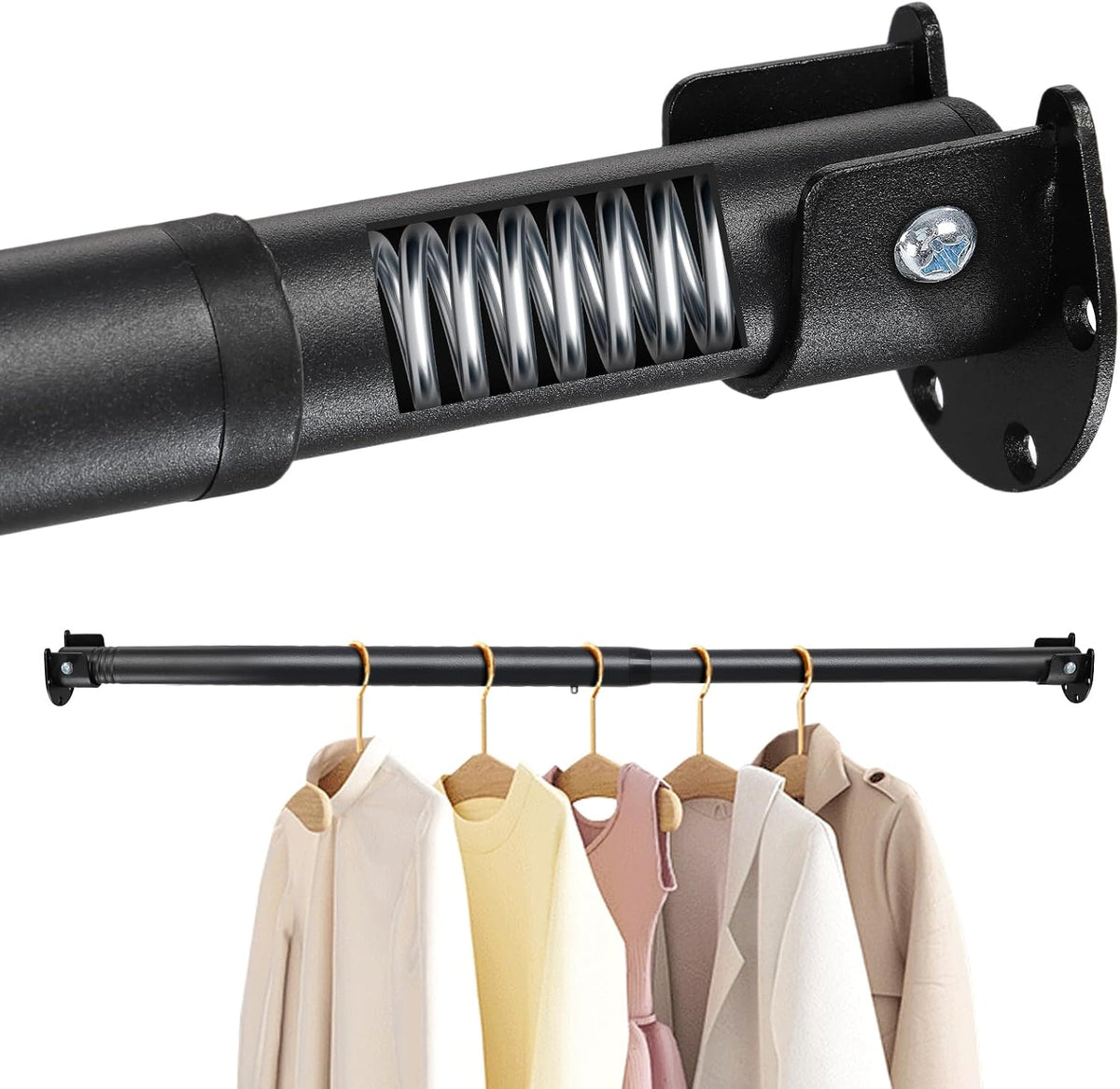Closet Rods For Hanging Clothes,17-39 Inches Stepless Spring Adjustable Closet Rod With bracket U-shaped,1.3 Inches Heavy Duty Closet Hanging Rod For Wardrobe,Laundry room,Bathroom And Windows