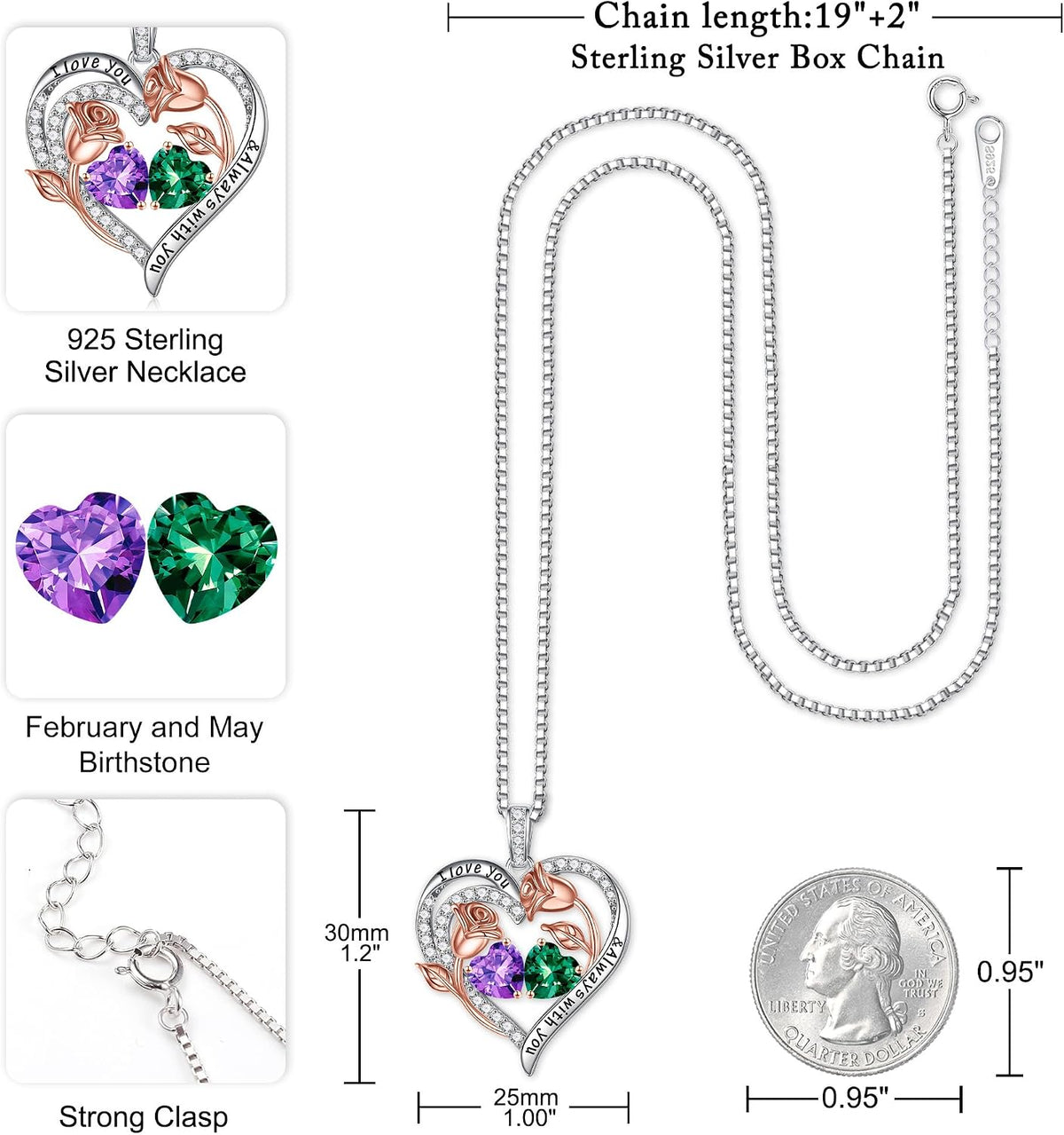 Iefil Birthstone Necklace for Women - Rose Heart Necklace