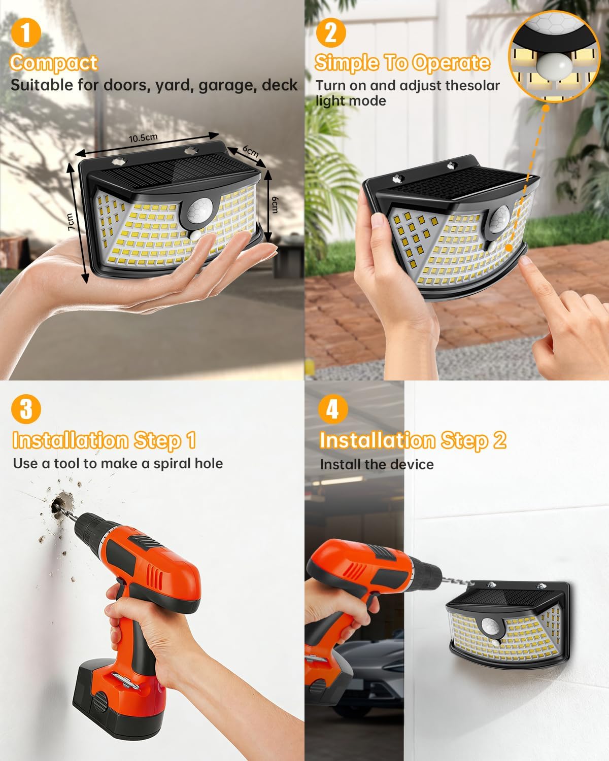 Aootek New Solar Motion Sensor Lights 120 LEDs with Lights Reflector,270° Wide Angle, IP65 Waterproof, Step Lights for Front Door, Yard, Garage, Deck (Black, Warm White, 4-Pack)
