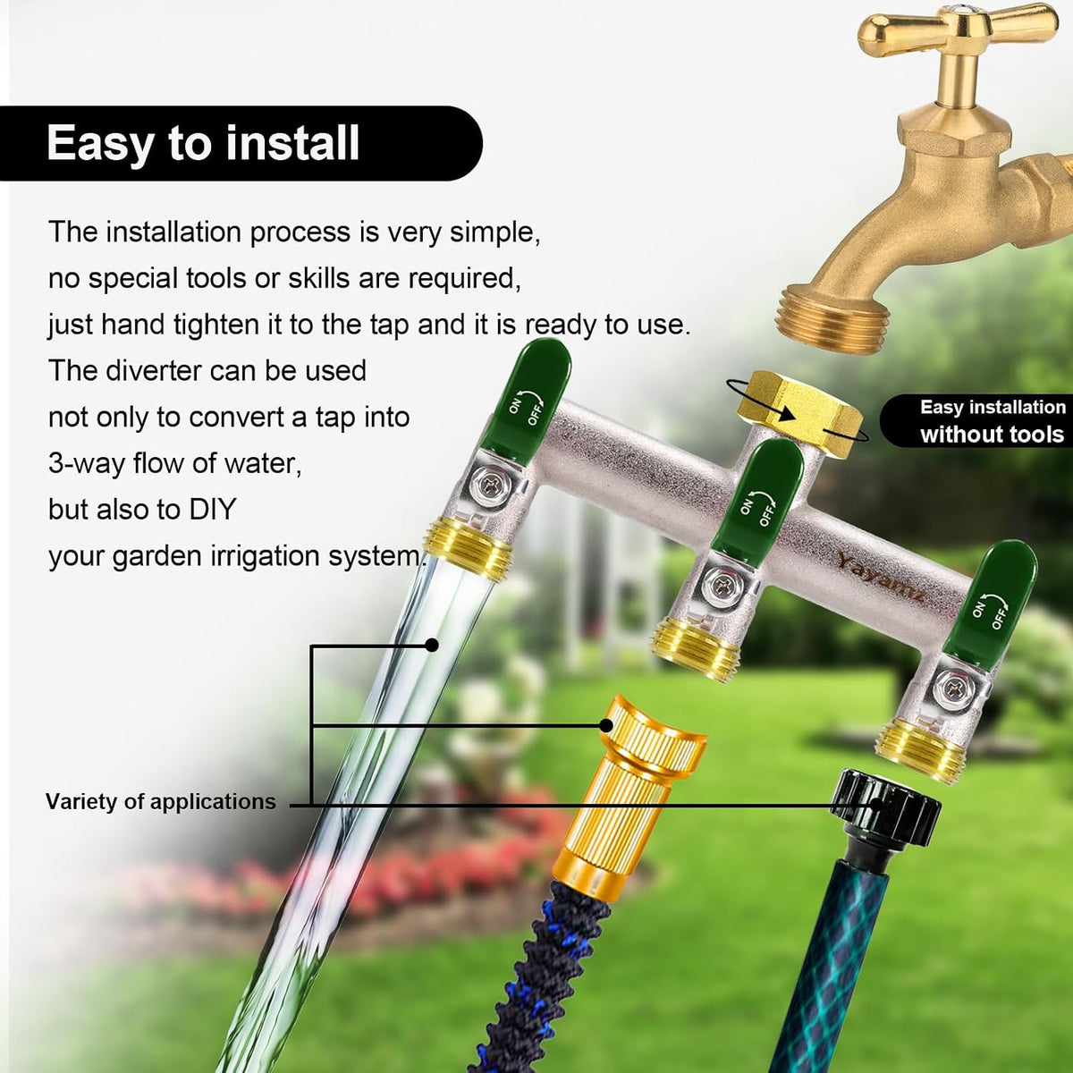 3 Way Garden Hose Splitter, 3/4" GHT Water Spigot Splitter - Green