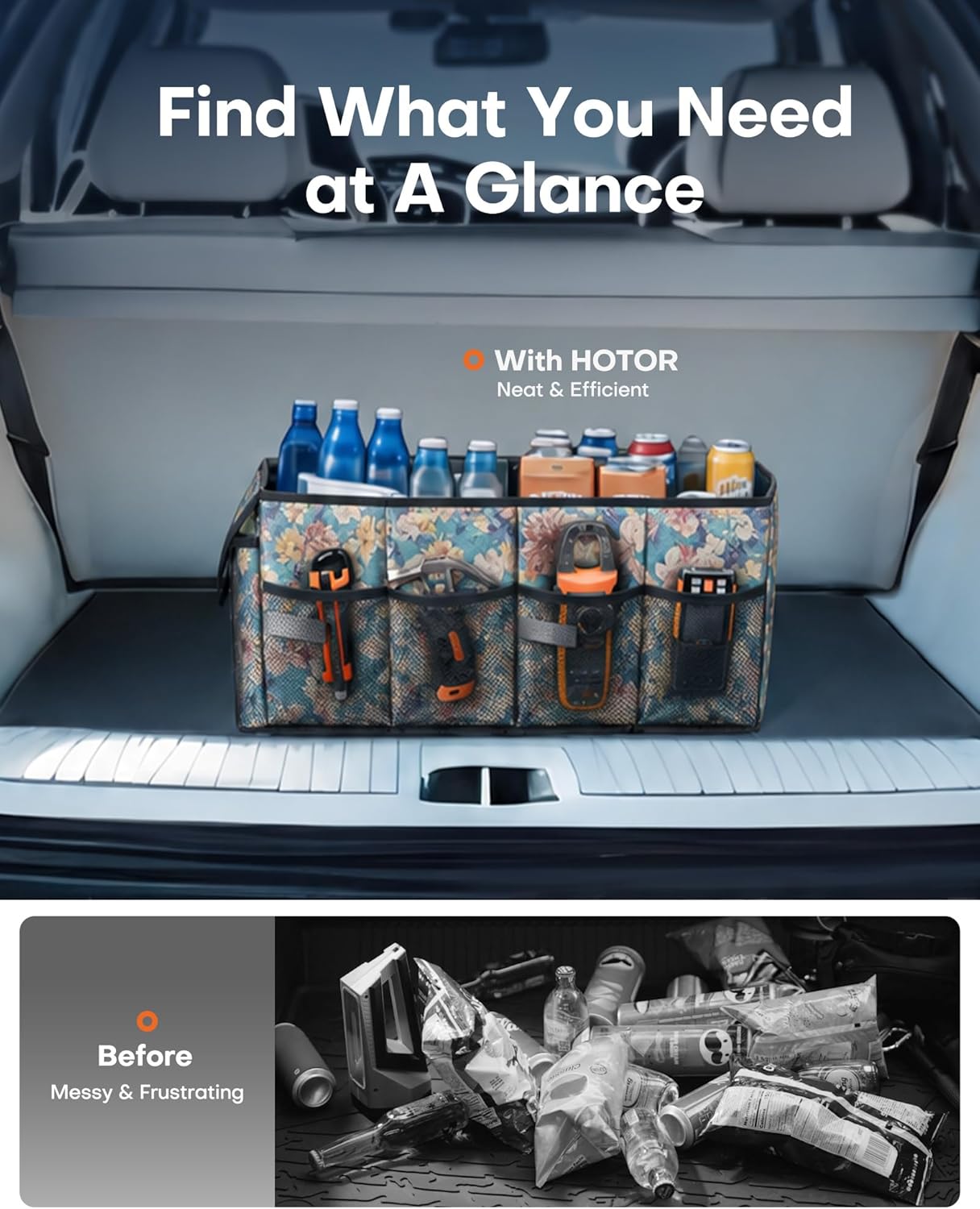 HOTOR Trunk Organizer- Car Organizer, Foldable Trunk organizer for SUVs & Sedans, Sturdy Car Organization for Car Accessories, Tools, Sundries, Blue Flower, 2 Compartments, 21.3"×12.6"×10.6"