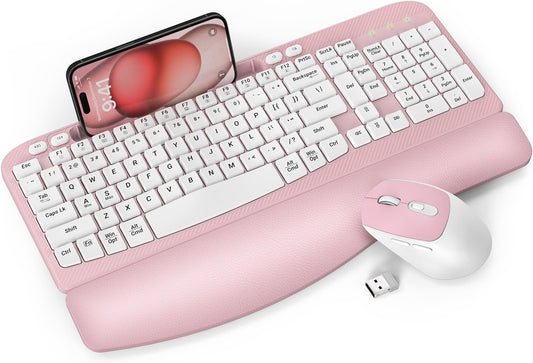 Wireless Keyboard and Mouse Combo, Full-Sized Ergonomic Wave Keys Keyboard with Memory Foam Wrist Rest & Phone Holder, 2.4G Quiet Keyboard Mouse Work Setup for PC Laptop, Office or Home (Pink)