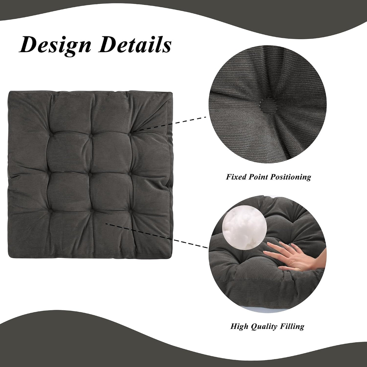 Meditation Floor Pillow 22×22 Inch 2 Pack Large Floor Cushions for Adults Square Tufted Corduroy Floor Pillows for Yoga Living Tatami Room Dark Grey