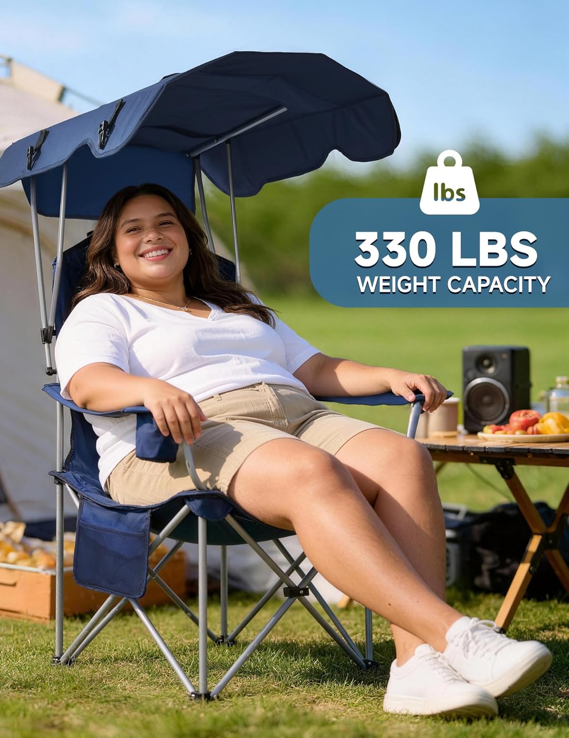 East Oak Camping Chair with Canopy | 25" High Back Folding Beach Chair with Canopy Shade, Supportive Headrest, Cup Holder, Side Pocket, 330 lbs Canopy Chairs for Outdoors Sports