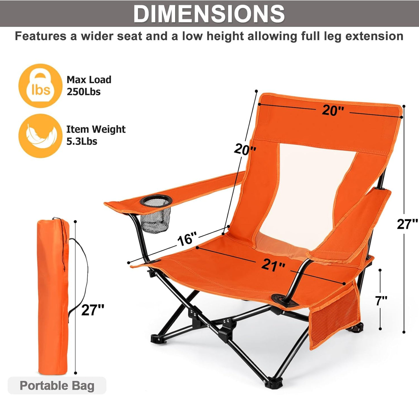 Joyfair Beach Camping Chair (2 Pack), Outdoor Folding Chair for Adults, Heavy Duty Portable Chair for Outside Fishing, Lawn, Sport, Patio, Armrest Cup Holder & Storage Pocket, Carry Bag (Orange)
