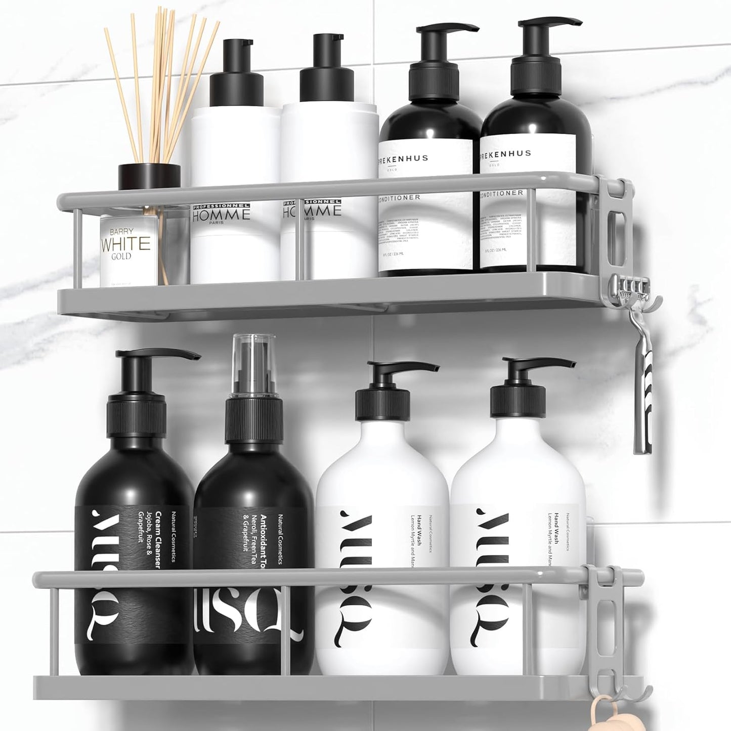 YASONIC Shower Caddy Adhesive, No Drill Bathroom Shower Organizers, with Removable Hooks, Rust Proof Shower Shelves, Wall-Mounted Shower Holder, Grey, 2 Pack