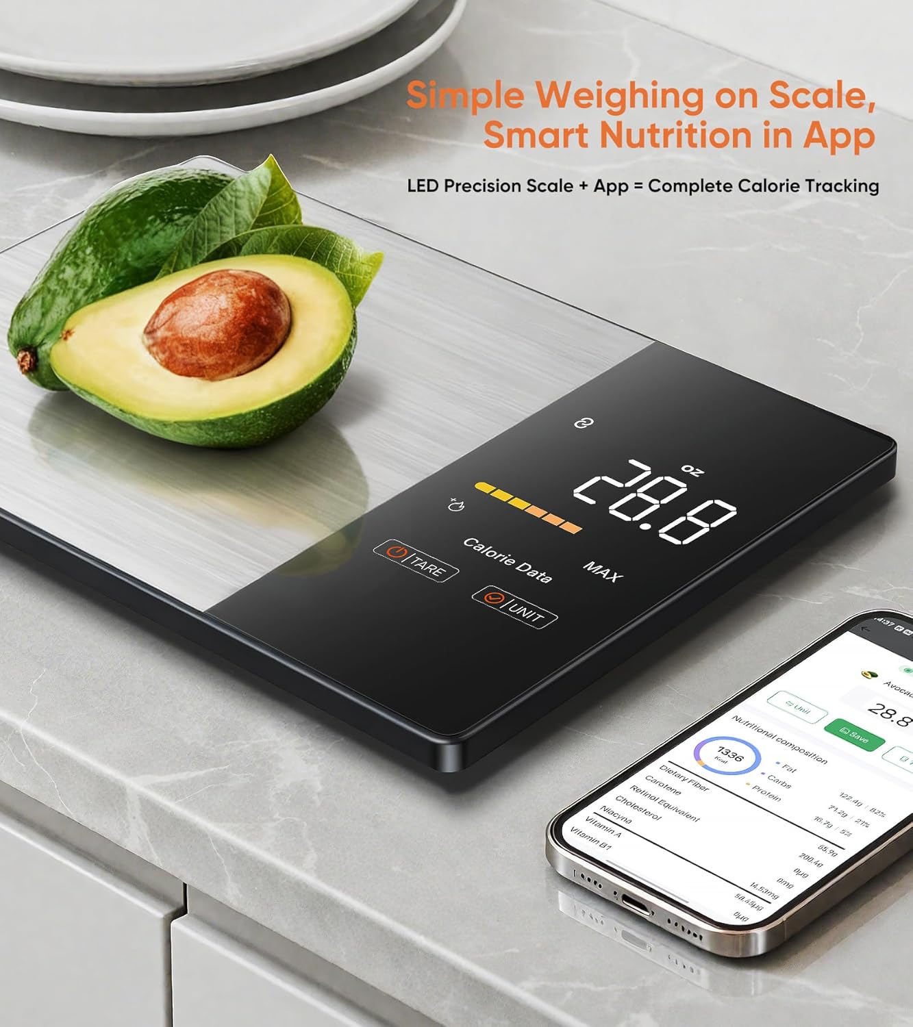 KUAIVO Smart Nutrition Food Scale with LED Display, Tracks Calories, Fat, Carbs & Protein via App, 1g Precision Digital Kitchen Scale for Healthy Eating & Meal Prep