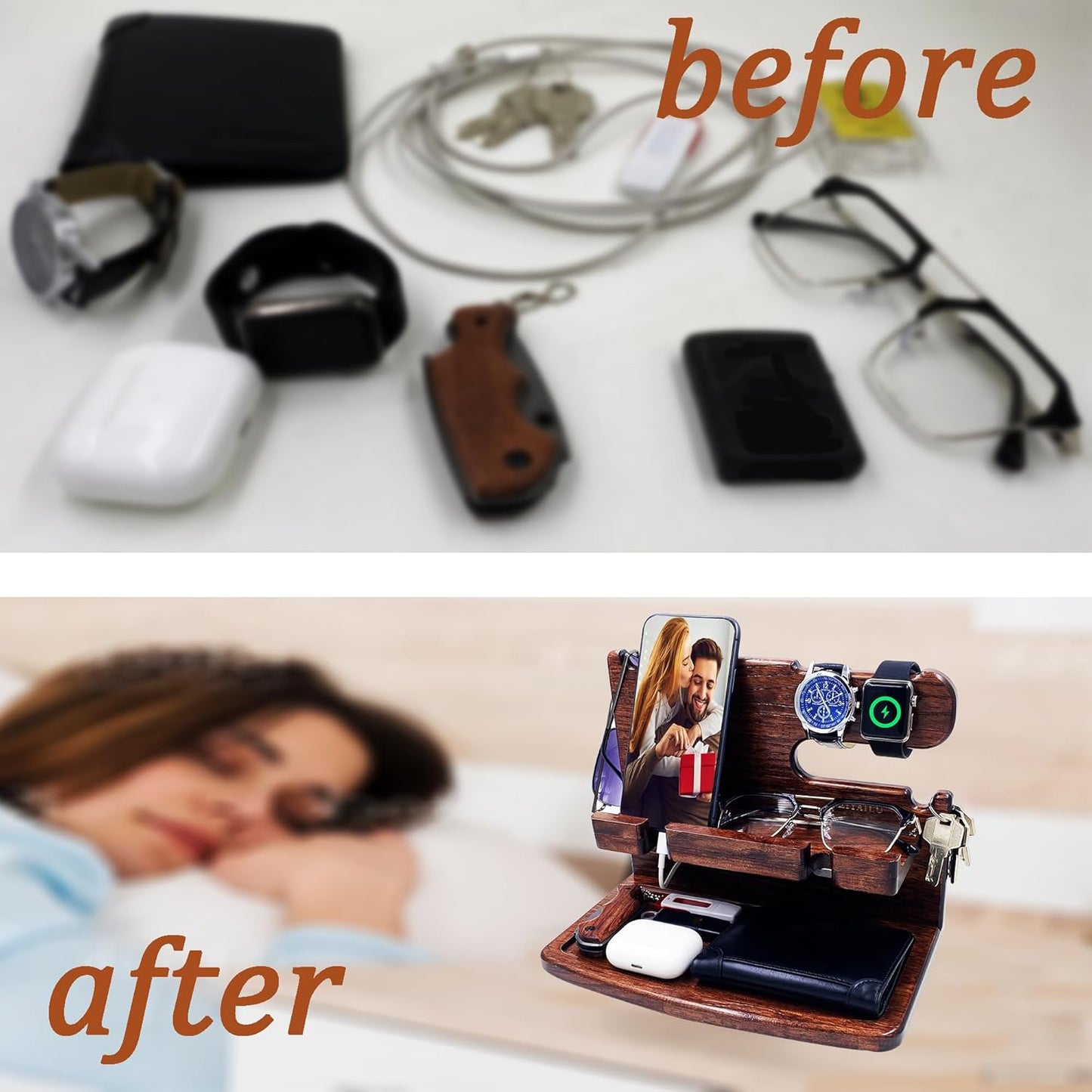 VEIYAILU Gifts for Men Women Dad Husband Boyfriend Wood Phone Docking Station Nightstand Organizer for Men Birthday Gifts (Dark Brown)