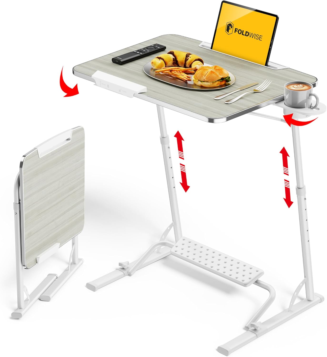 FoldWise Upgraded Folding TV Tray Table - Extra Large & Sturdy Laptop Table for Couch, Height & Angle Adjustable Desk for Dinner, Work & TV - Includes Footrest, Cup Holder, iPad Holder & Edge Stopper
