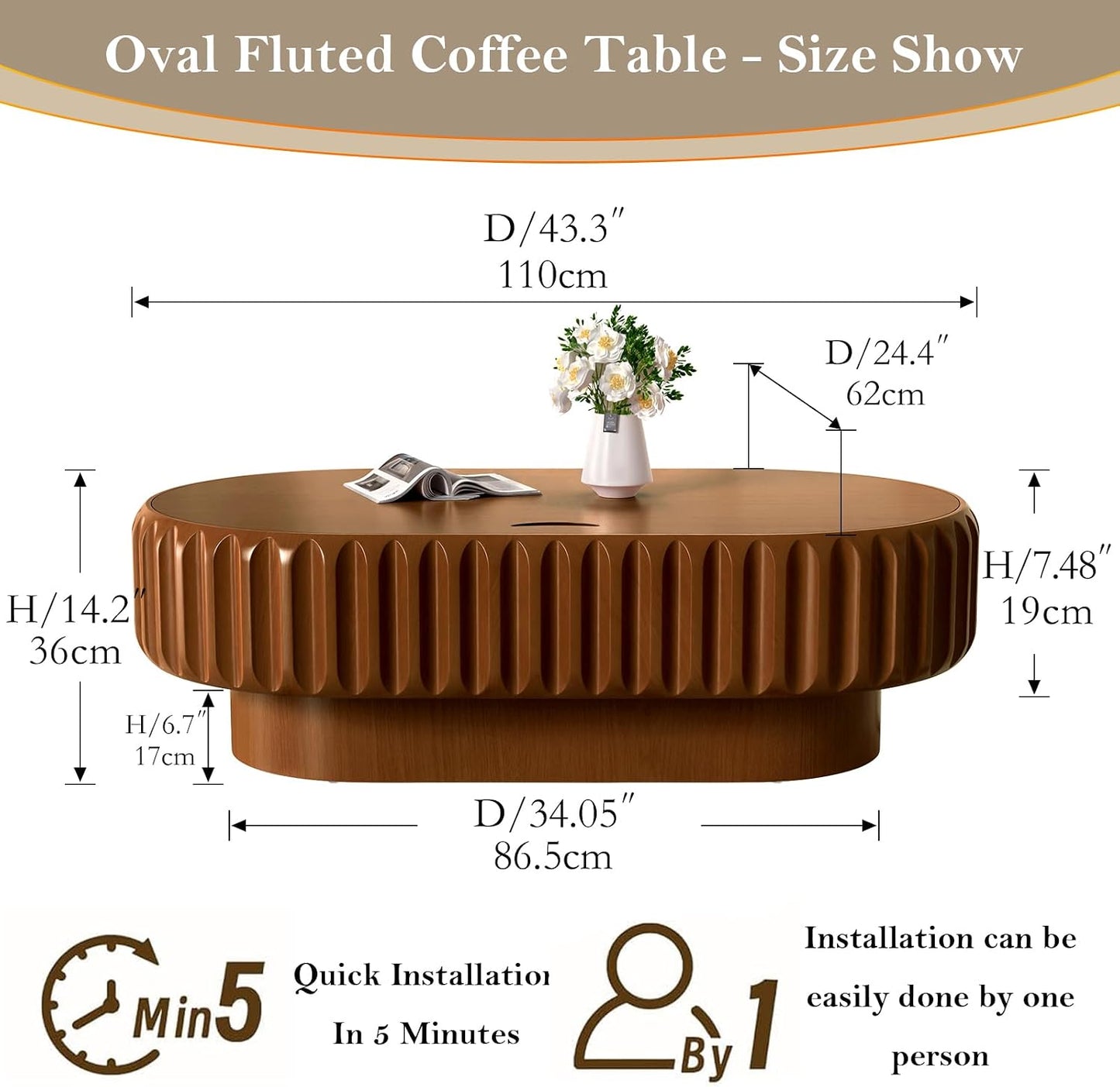 Chic Drum Coffee Table with Storage (E 43.3in) | 43.3" Rustic Oval Center Table - Solid Wood Fluted Veneer | Easy Assemble | for Living Room Apartment