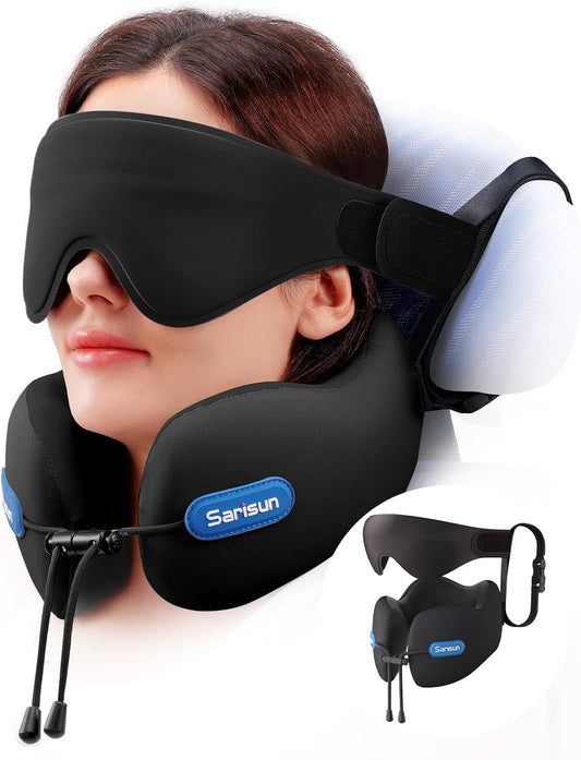 SARISUN Neck Pillow Airplane,Travel Pillow with Strap,Combo 3D Eye Mask for Sleep,Dual-Density Supportive Foam Travel Neck Pillow for Airplane Flights,Car Road Trip Travel Essentials Black